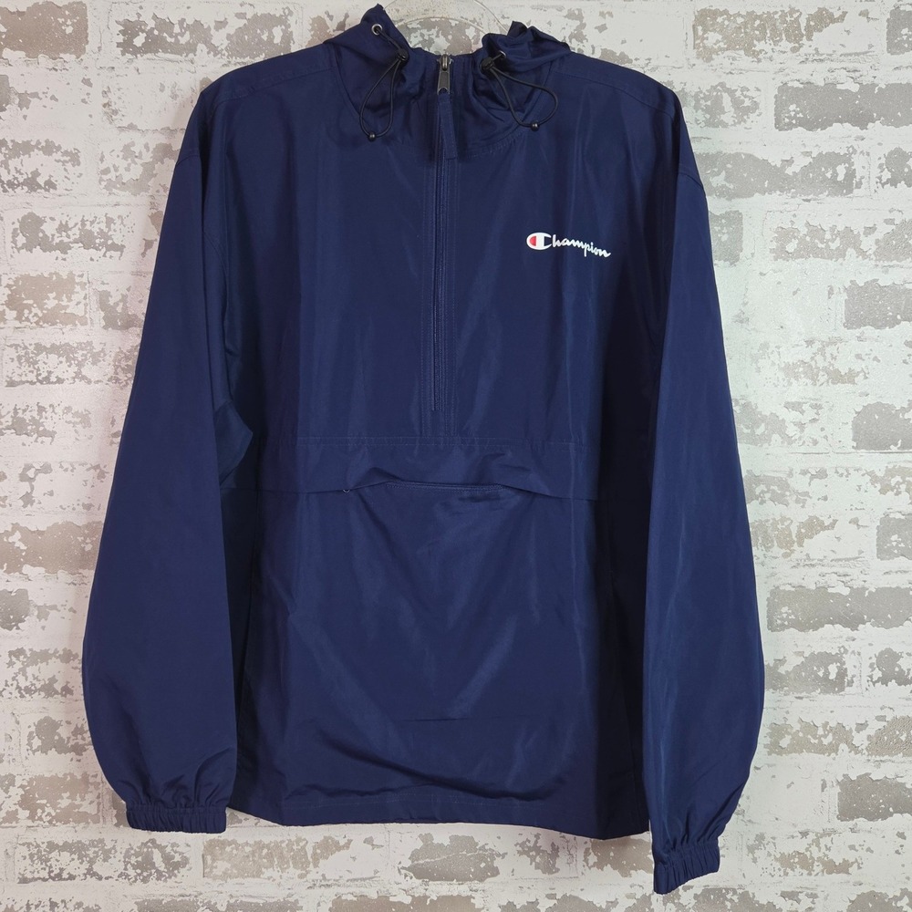 Champion Windbreaker Men M Navy Blue 1/4 Zip Anorak Packable Sporty Gorpcore